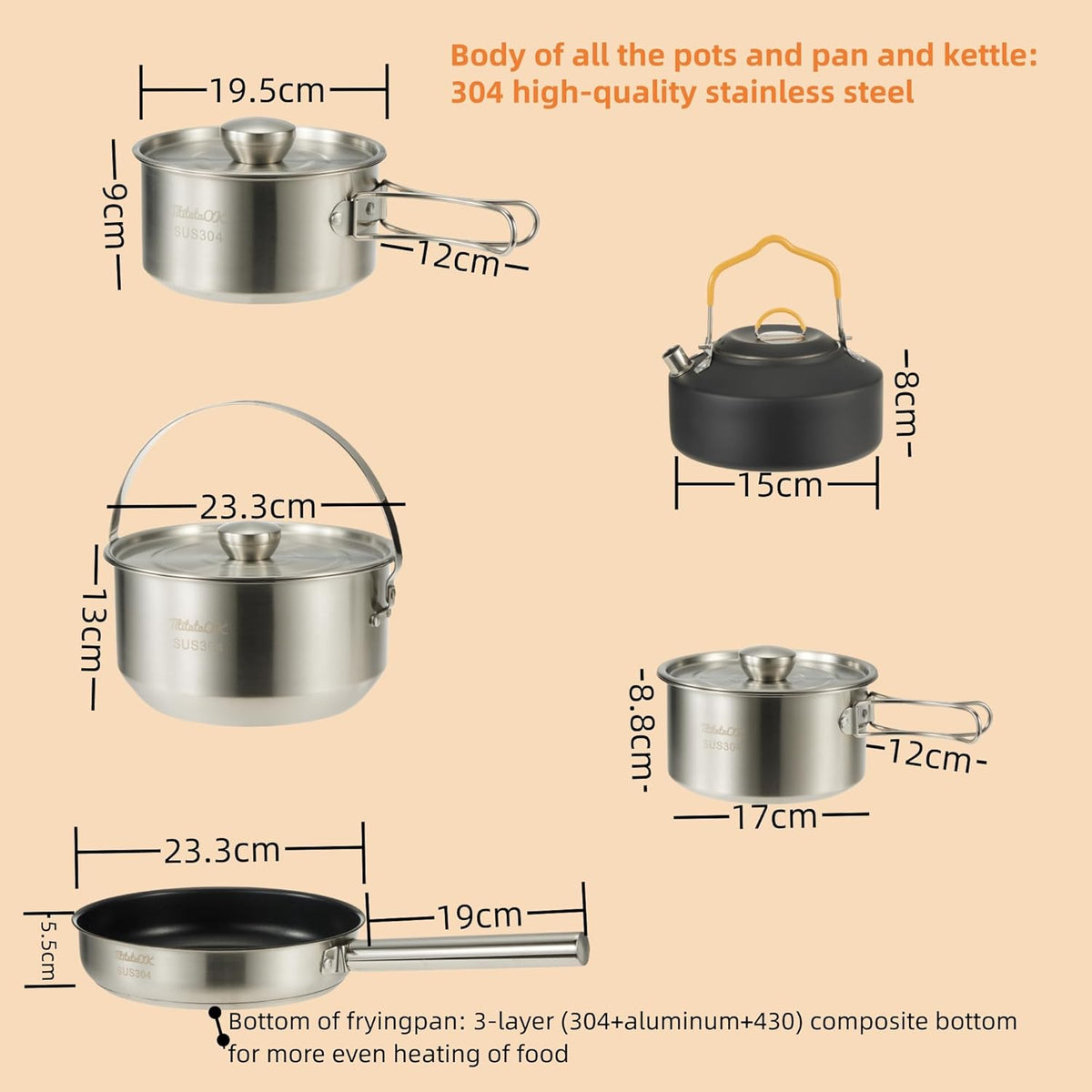 Camping Cookware Set 304 Stainless Steel 10pcs Pots & Pans,Kettle, Travel Mesh Bag for Camping, Trekking, Backyard Picnic & Backpacking Gear