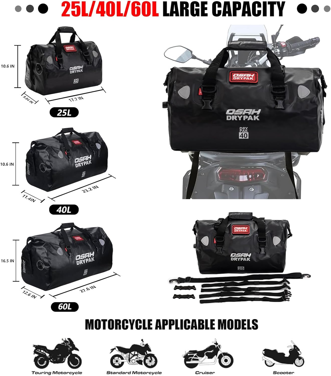 Waterproof Duffel& Luggage Bag - Motorcycle Dry Bag Tail Saddle Bags with Roll Top Closure,Large Storage Space,for Camping, Kayaking, Fishing & Traveling(SkyBlack, 60L)