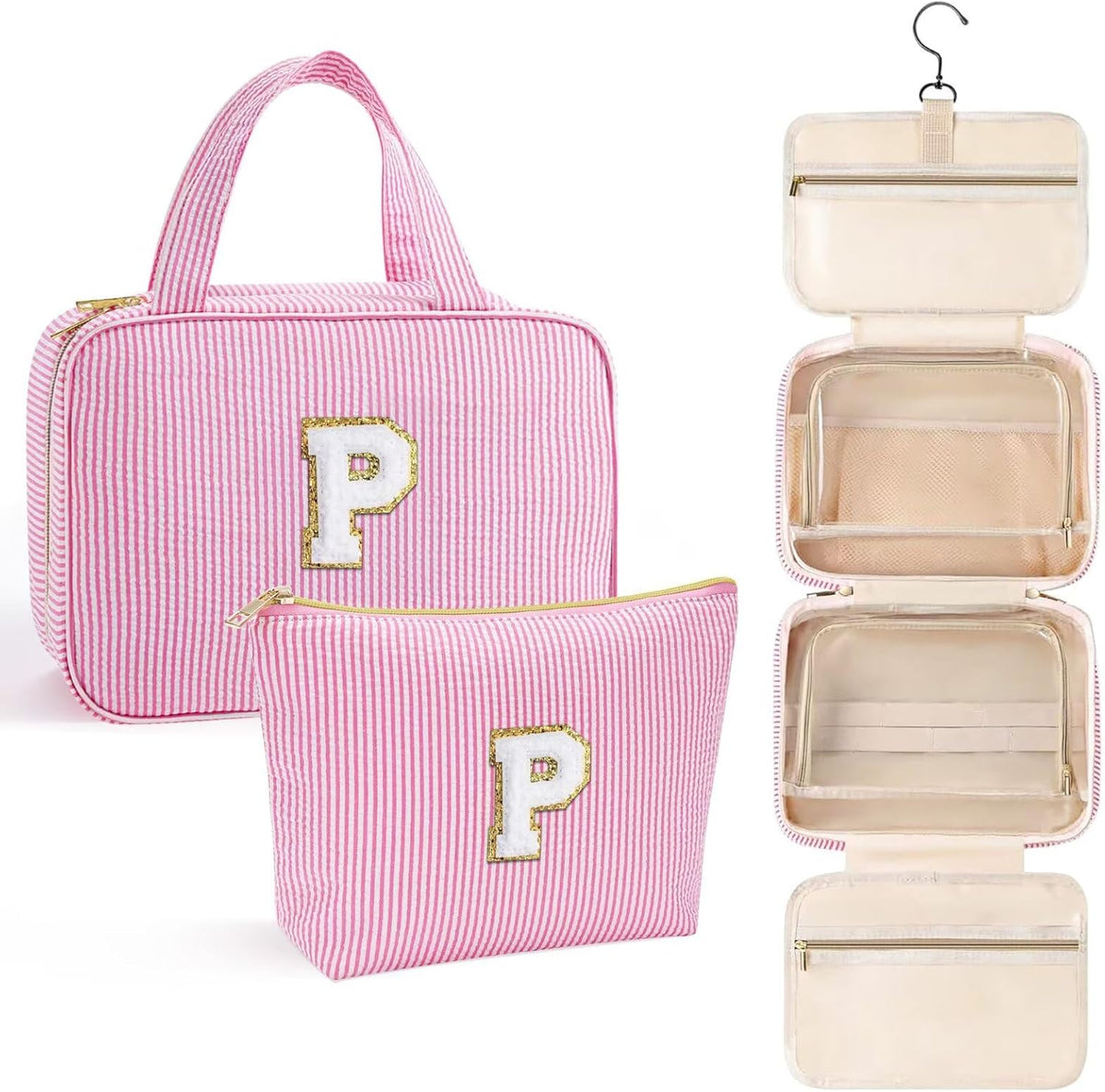 YOOLIFE Hanging Toiletry Bag for Women - Travel Toiletry Bag Makeup Bag, Portable Toiletries Cosmetic Bag, Airplane Travel Essentials - Letter P, Pink