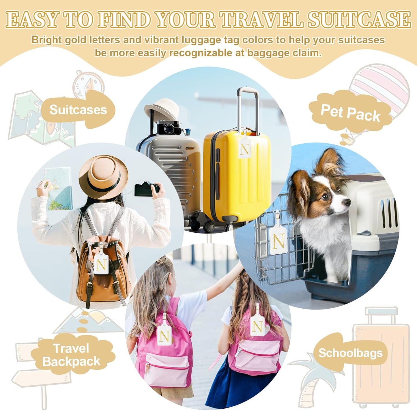 Personalized Initial Luggage Tags for Suitcase TSA Approved, White Leather Cute Luggage Tag with Privacy Cover Name Card, Embroidered Custom Luggage Tags Travel Baggage Tags Gifts for Women Kids(N)