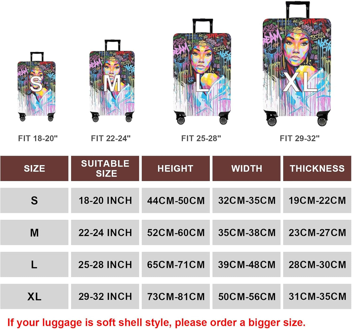 WUJIAONIAO Travel Luggage Cover Baggage Suitcase Cover Protector Skins 18-32 Inch (Graffiti A8, M (for 22-24 inch luggage))