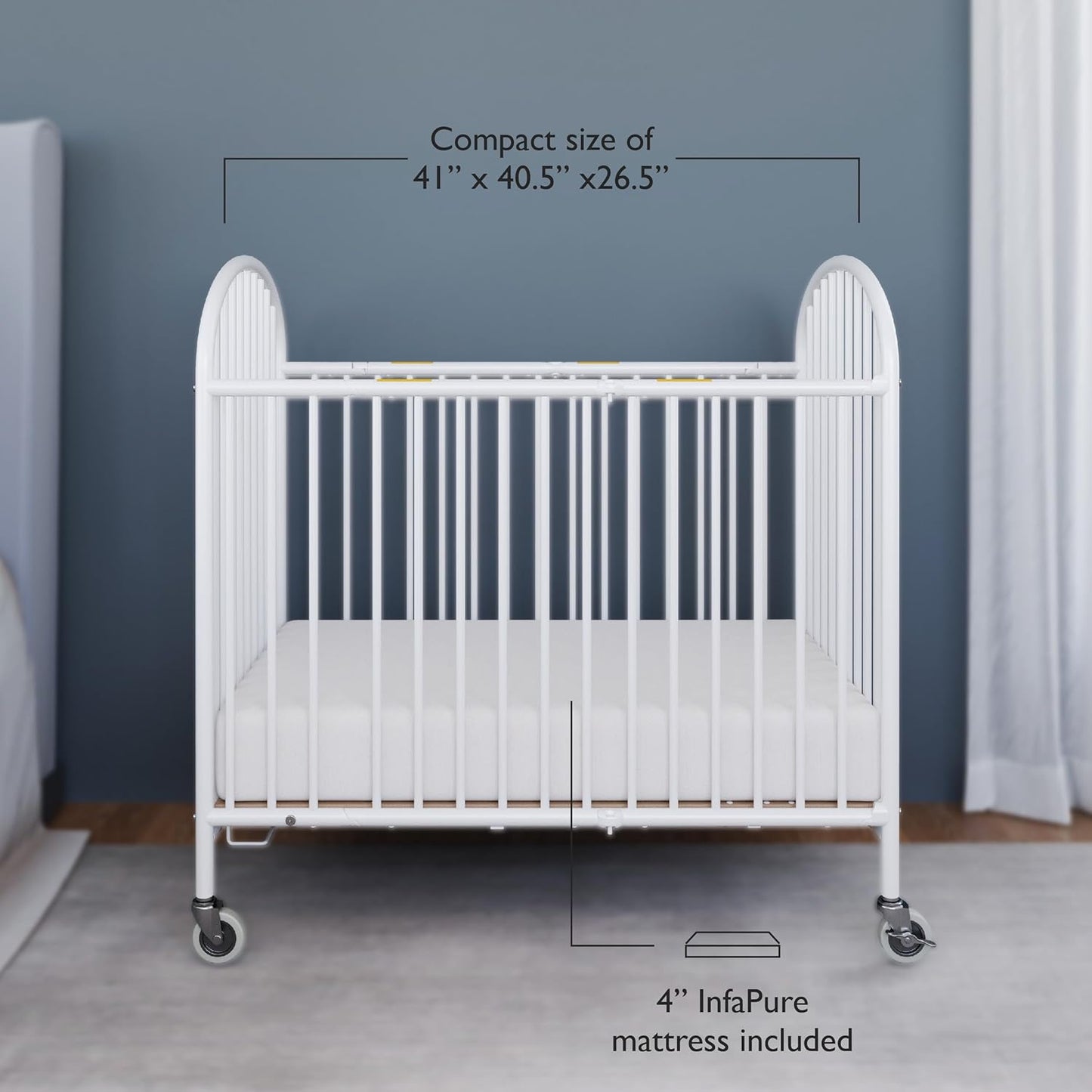 Foundations Pinnacle Folding Metal Hotel Crib and Sheet Bundle - Includes 4" Foam Mattress and 6-Pack White Fitted Compact Sheets for Babies & Toddlers