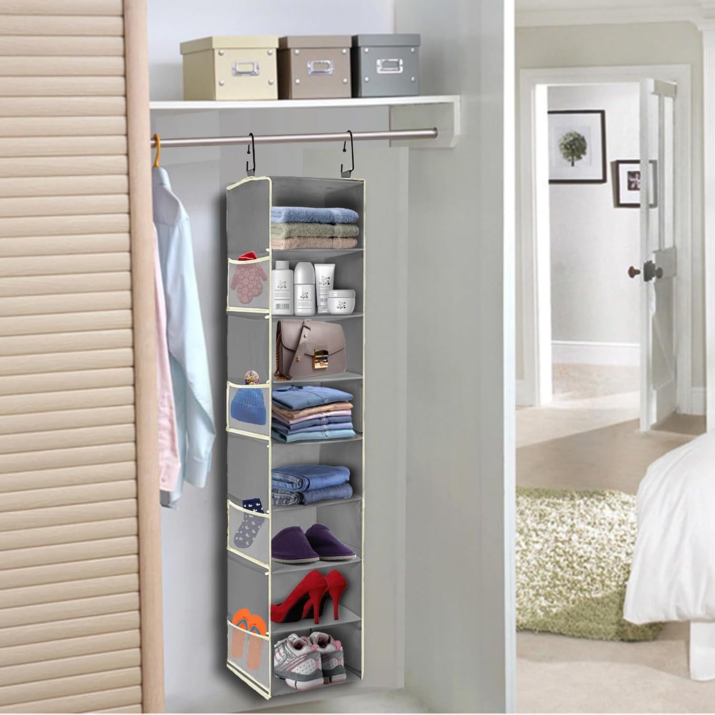 2 Pack Large-Sized Hanging Shoe Organizer 8-Shelf, Hanging Closet Organizer with 8 Side Pockets, Wider Hanging Shelves for Storage Shoes Clothes 9" W × 11.8" D× 48" H, Grey.