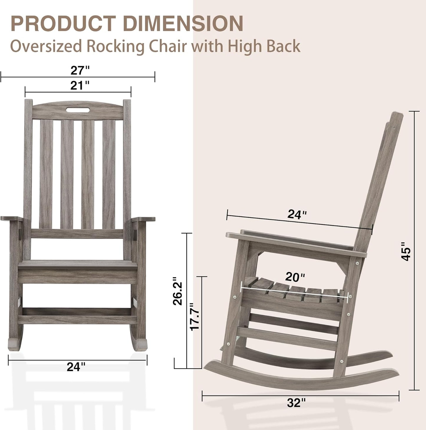 Psilvam Outdoor Rocking Chair Set of 2, Poly Lumber Oversized Rocking Chair with 21" Wide Seat and 32" Tall Backrest, Pre-Assembled with Most Components for Effortless Installation(Light Gray)