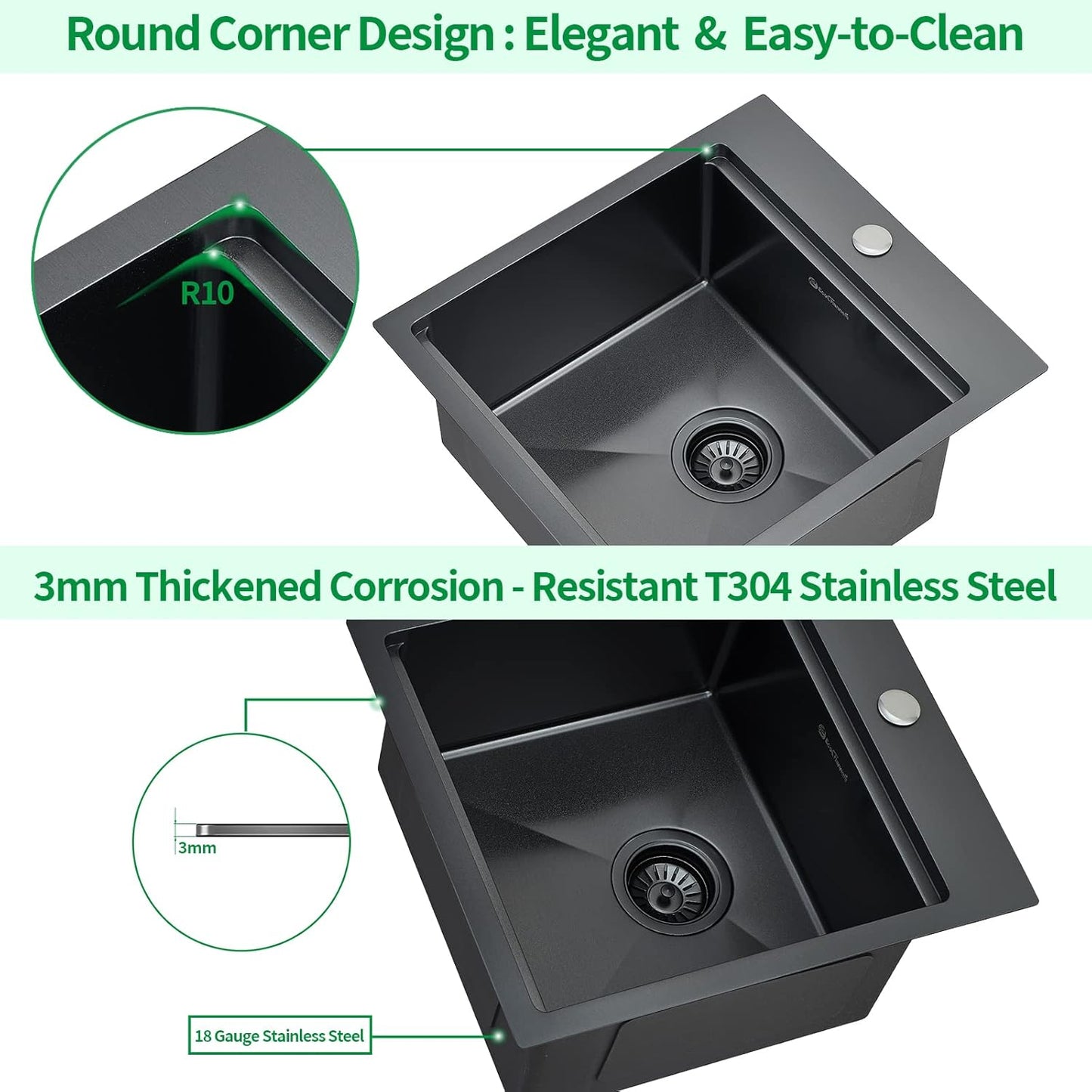 Kitchen Sink, 17 x 19 Inch Drop in Bar Sink Gunmetal Black Stainless Steel Workstation Sink Topmount Kitchen Sink Single Bowl with Cutting Board