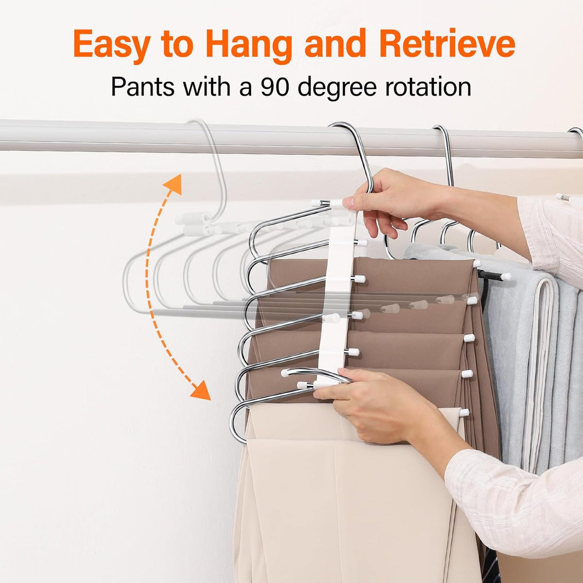 Upgraded Collapsible Pants Hangers Space Saving, 6 Layers Clothes Rack, Stainless Steel Multifunctional Closet Organizer, Non Slip Metal Hangers for Pants Jeans Skirts Trousers (4 Pack)