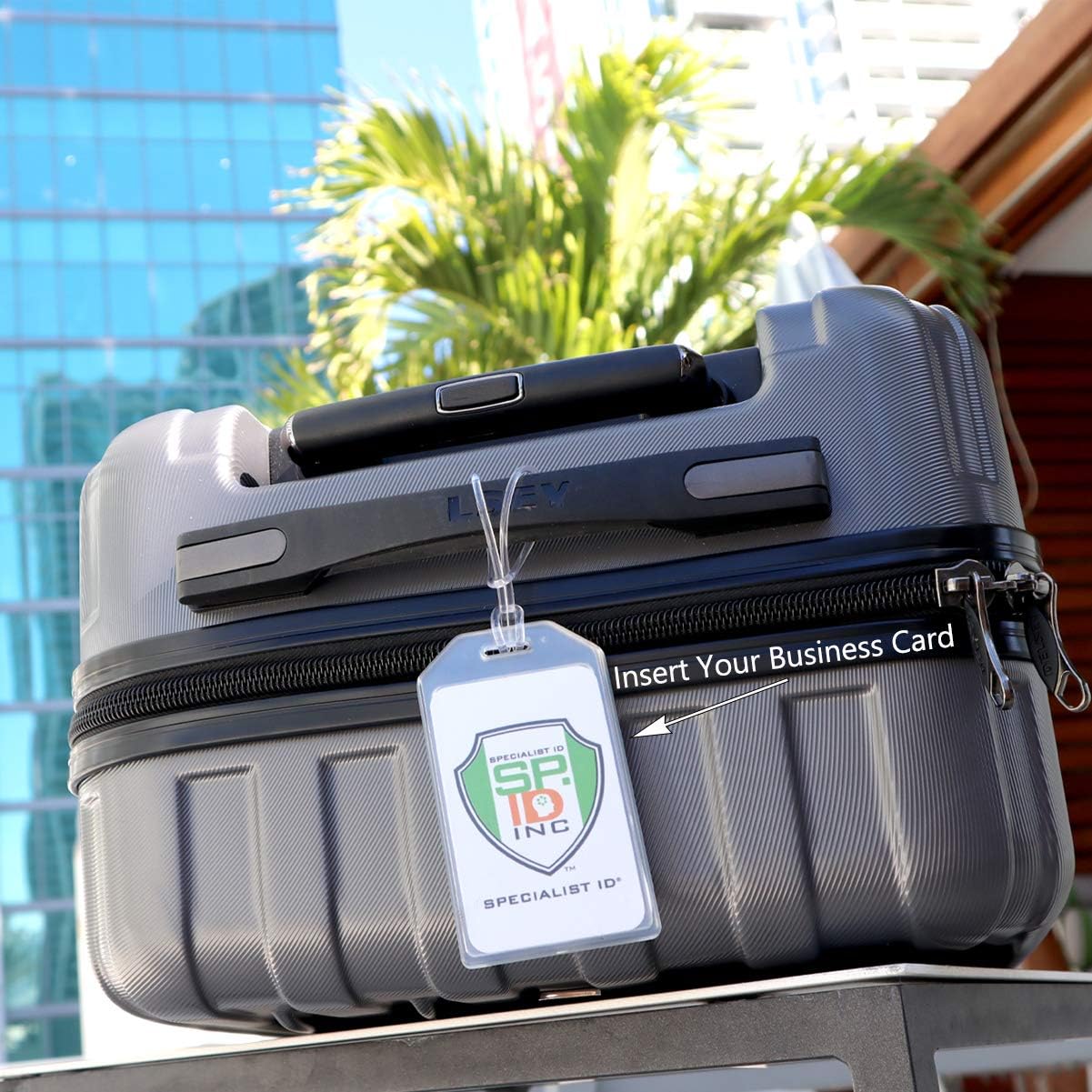 5 Pack - Premium Rigid Airline Luggage Tag Holders with 6" Worm Loops - Heavy Duty Hard Plastic -Suitcase ID Tag Identifiers with Business Card Insert Window by Specialist ID (Translucent/Clear)