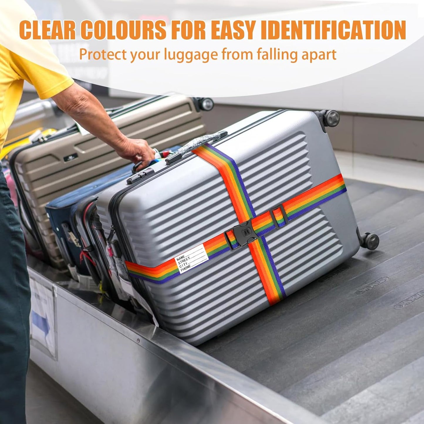 BILIONE Luggage Straps 88 inch Adjustable Suitcase Belt, Lockable Against Accidental Opening, Easy to Identify Travel Accessories, Add a Bag Connector(Rainbow Rainbow, 2)