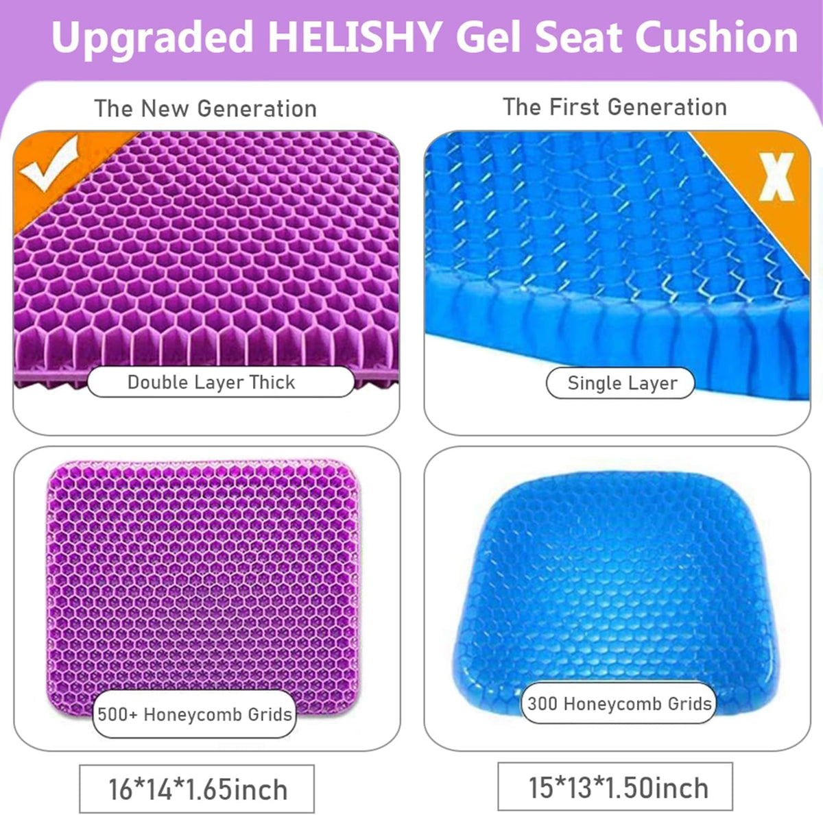 Gel Seat Cushion, Office Seat Cushion Chair Pads for Office Home Car Wheelchair Long Trips - Extra Large Gel Cushion for Pressure Sores, Tailbone, Back, Sciatica Pain Relief (Extra Large, Violet)