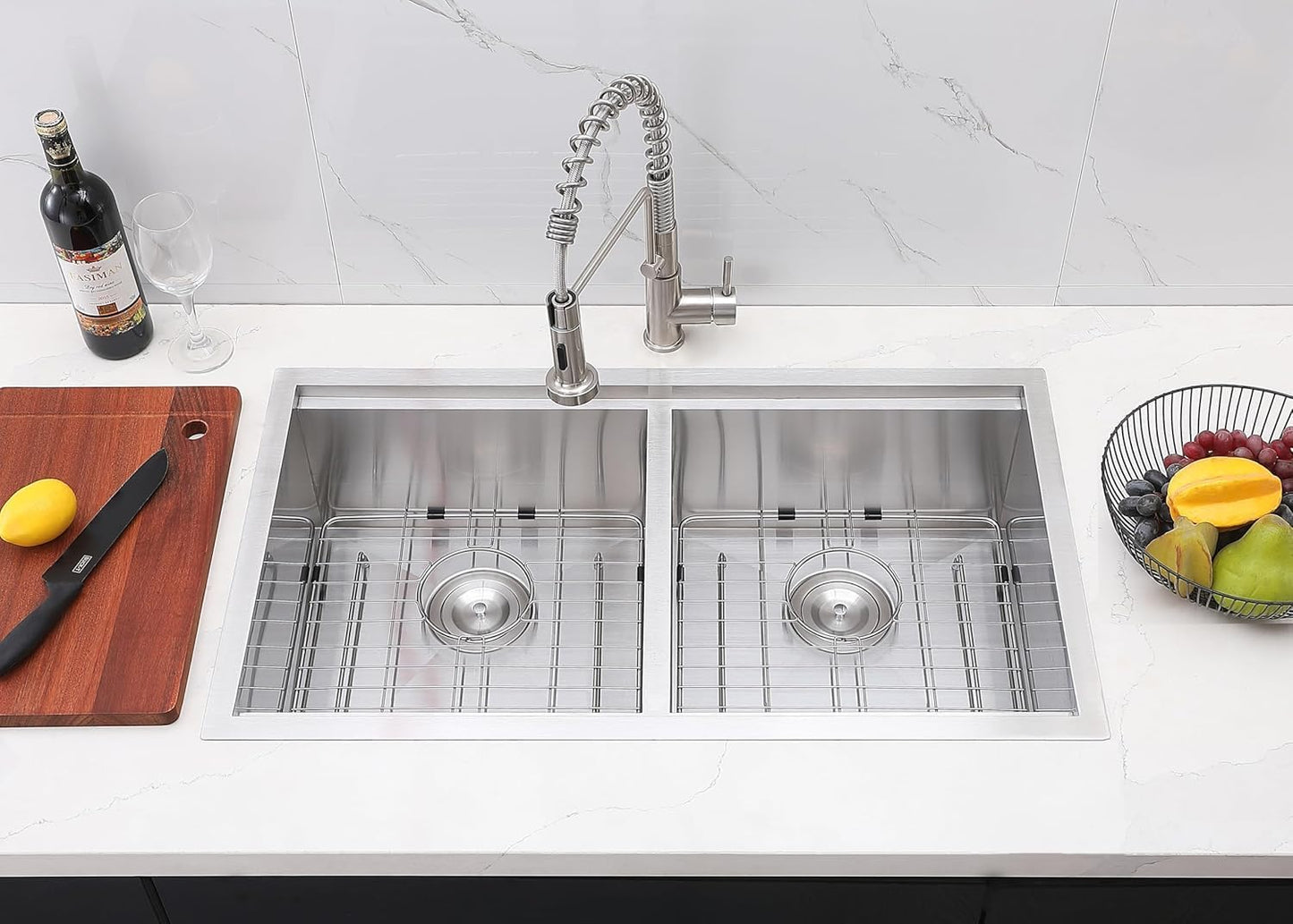 COMLLEN 33 Inch Double Bowl Undermount Kitchen Sink,33x19 Inch Workstation 16 Gauge Stainless Steel Double Kitchen Sinks with Cutting Board,9 Inch Deep Sink Maximizes Space Efficiency