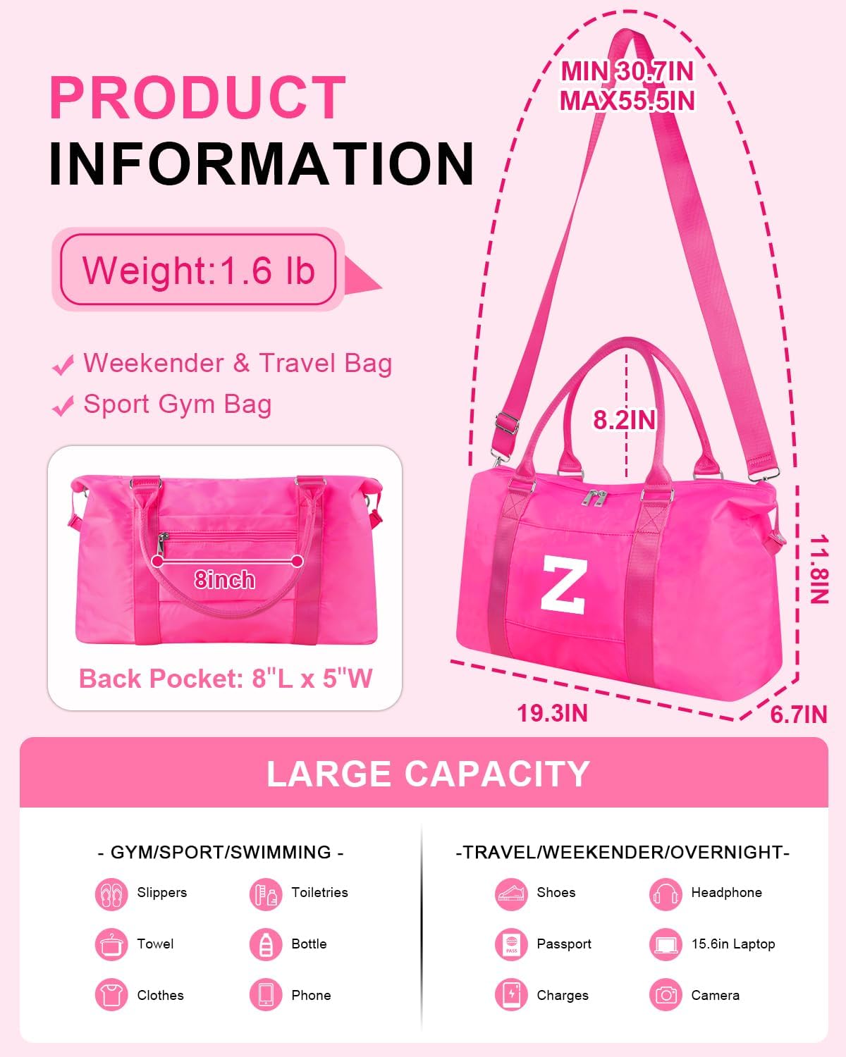 Overnight Bag for Kids Teen Girls Weekender Dance Bag Birthday Graduation Gifts,Initial Travel Duffel Bag Sports Gym Bag Personalized Weekender Bag Carry On Bags Preppy Gifts for Women(Hot Pink, Z)