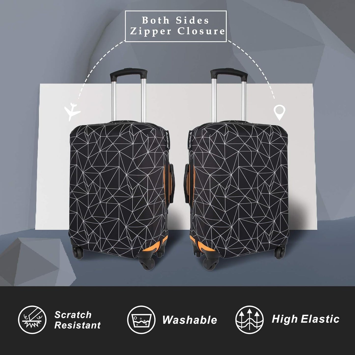 Explore Land Travel Luggage Cover Suitcase Protector Fits 23-26 Inch Case (Black Polygonal, M)