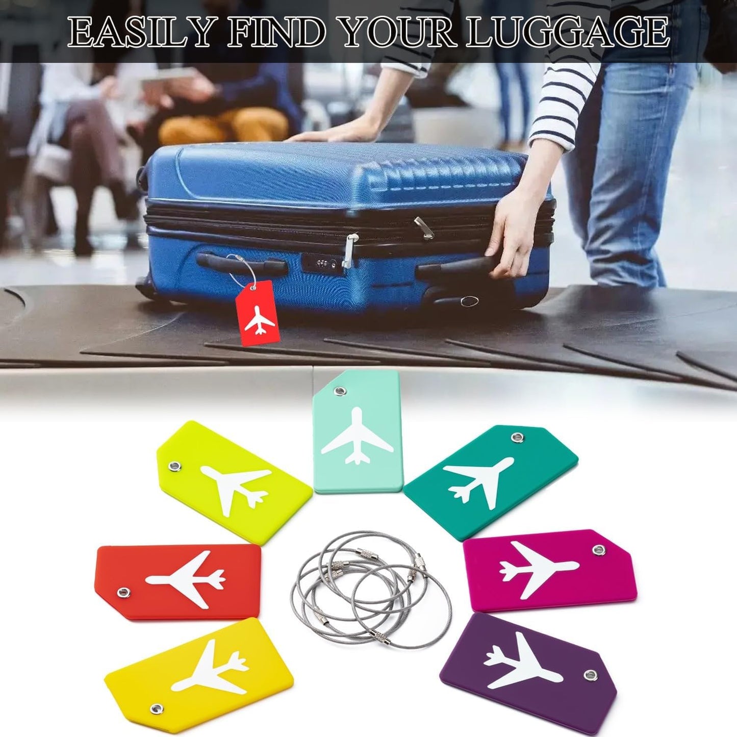 6 Pack Silicone Luggage Tag for Suitcases with Stainless Loop, Privacy Protection Travel Bag Tags Perfect to Quickly Spot Baggage Handbag (Dark Blue)