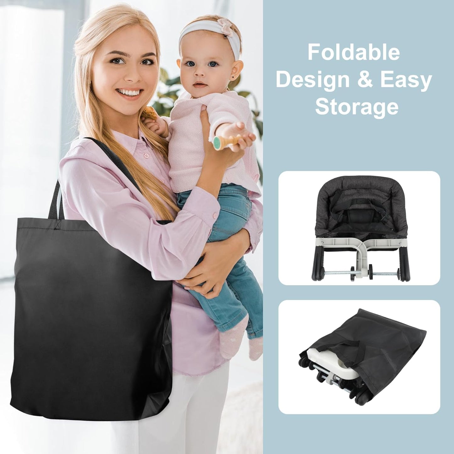 Hook On High Chair, Jozzve Clip on High Chair with Removable Dining Tray for Babies and Toddlers, Fold-Flat Storage Portable Baby Feeding Seat, Attach to Fast Table Chair for Home Travel (Bright Blue)