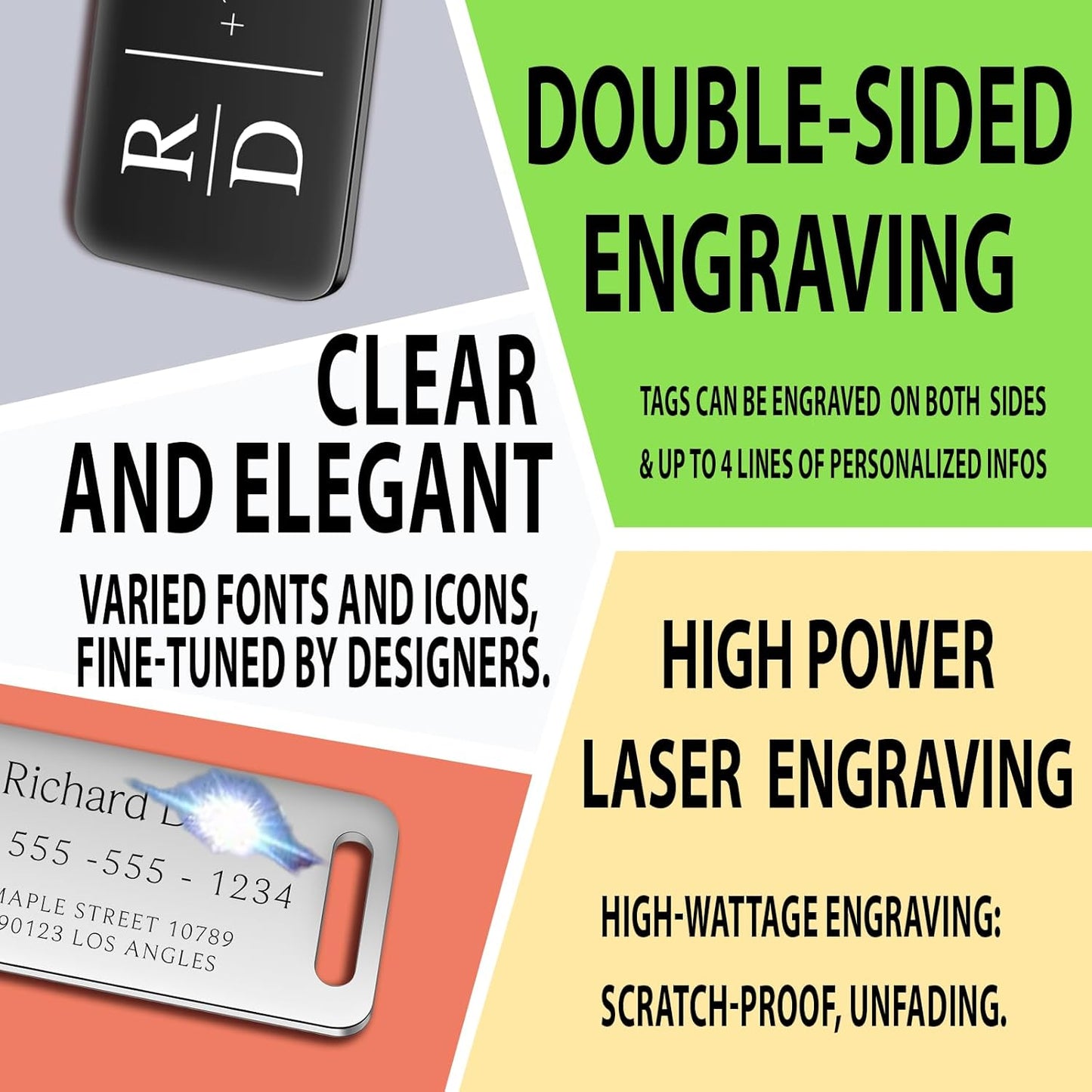 Personalized Luggage Tags for Suitcases 4 Pack - Stainless Steel Custom Luggage Tags for Backpacks & Bags, Sturdy, Waterproof & Heavy Duty (Black / 3" x 1.25")