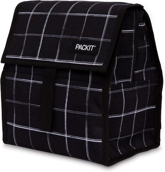 Packit® Freezable Lunch Bag, Black Grid, Built with ECOFREEZE® Technology, Foldable, Reusable, Zip and Velcro Closure with Buckle Handle, Designed for Work Lunch and Fresh Lunch On the Go