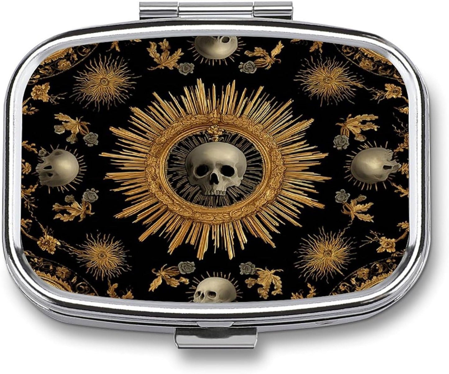 Metal 2 Compartment Pill Organizer Travel Friendly Portable Compact Pill Box Cute Pill Case,for Pocket Wallets Daily Portable Medicine Vitamin Tablet Storage (The Skeleton in The Center)