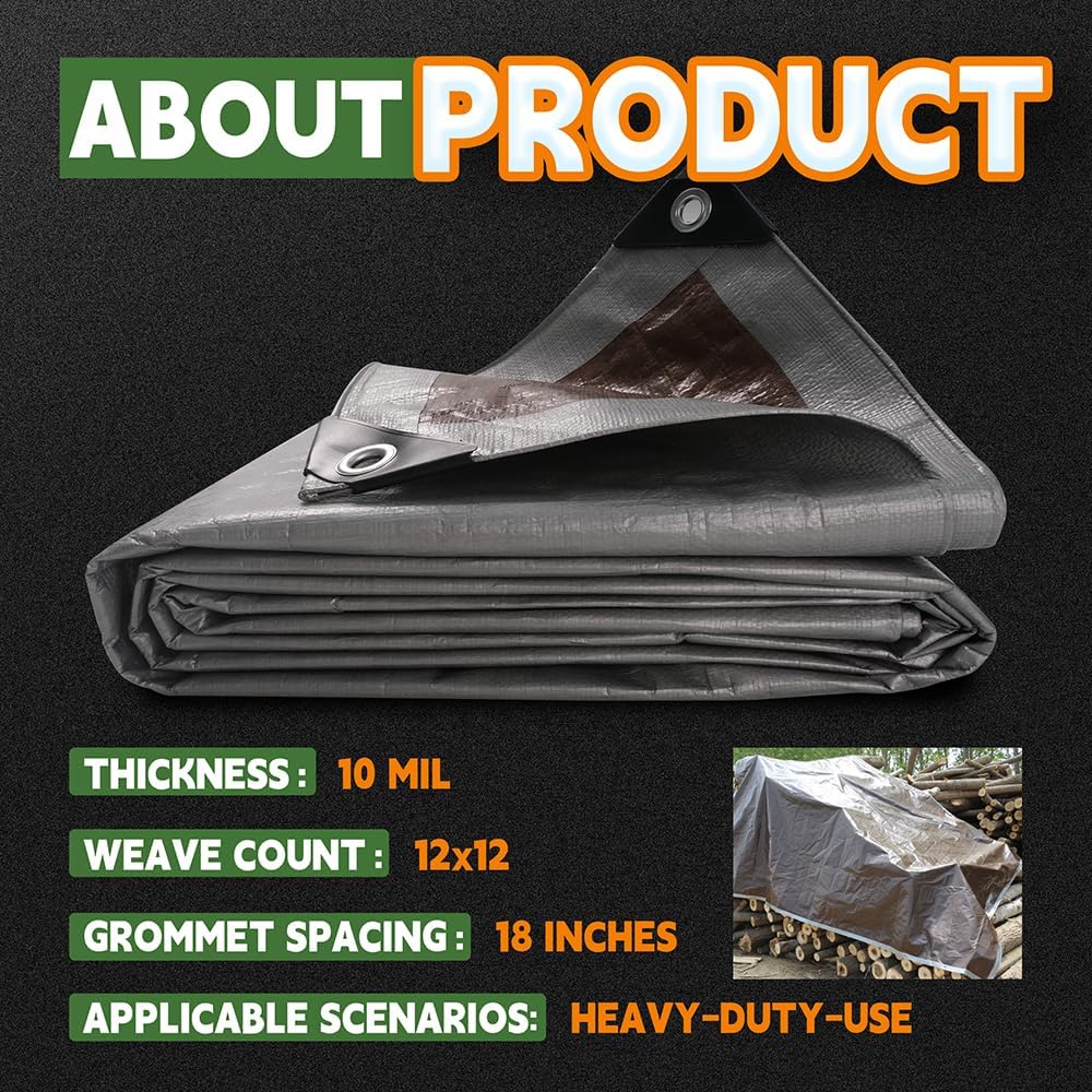 RAINDEWAY Small Tarps Heavy Duty Waterproof 3x3 Feet (3 Pack), 10Mil Multipurpose Poly Mini Tarp Cover with Metal Grommets and Reinforced Edges, Silver/Brown Tarp