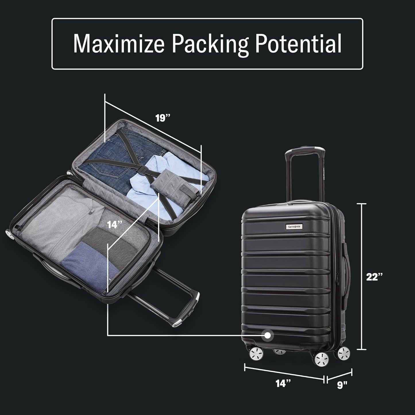 Samsonite Omni 2 International Carry-On Luggage with 360° Spinner Wheels - Scratch Resistant Hardshell - TSA, Airline-Approved - Expandable Polycarbonate Shell for Lightweight Travel - Midnight Black