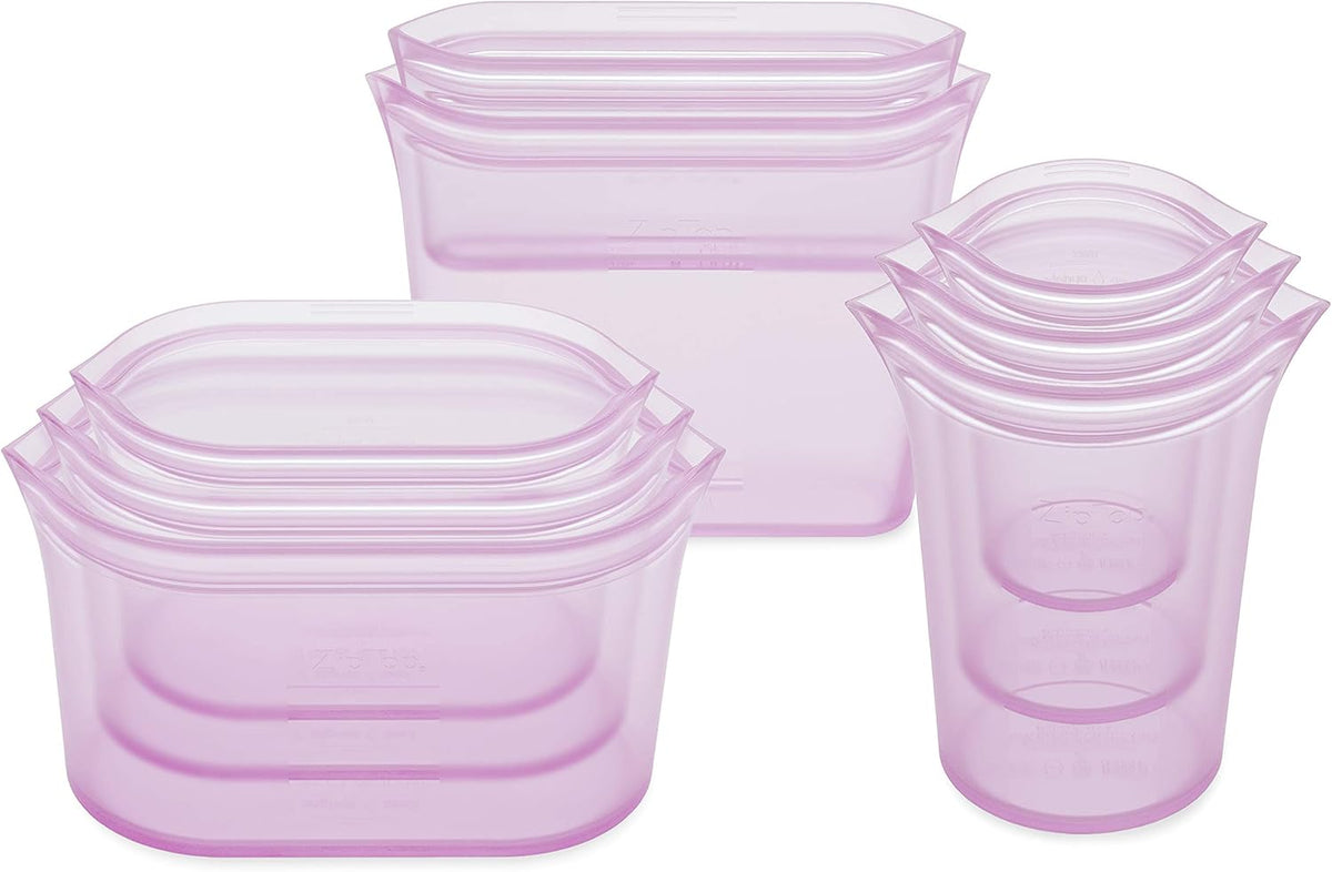 Zip Top Reusable Food Storage Bags | Full Set of 8 [Lavender] | Silicone Meal Prep Container | Microwave, Dishwasher and Freezer Safe | Made in the USA