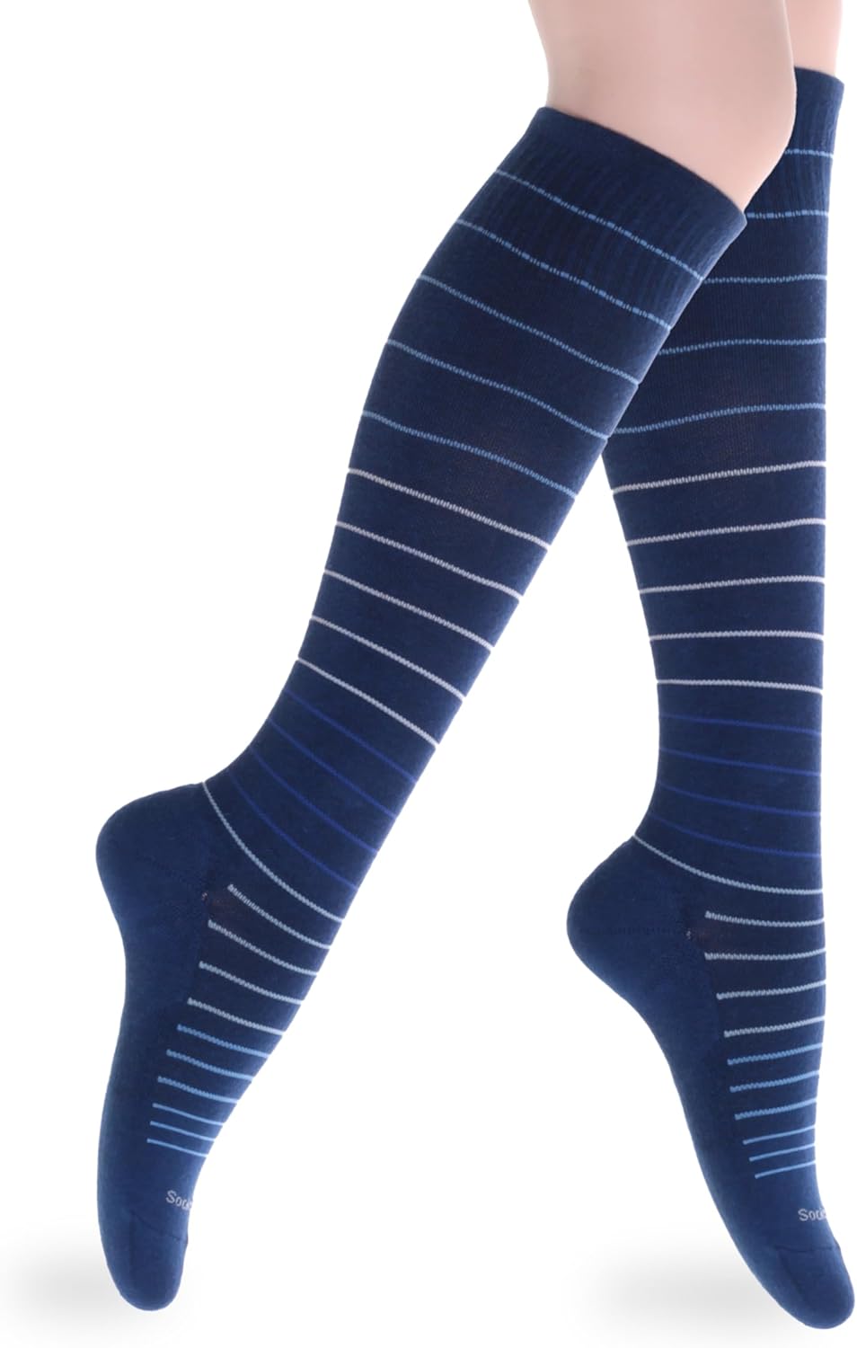 Cotton Compression Socks for Women & Men. 15-20 mmHg Support Knee-High Indigo Stripes S/M