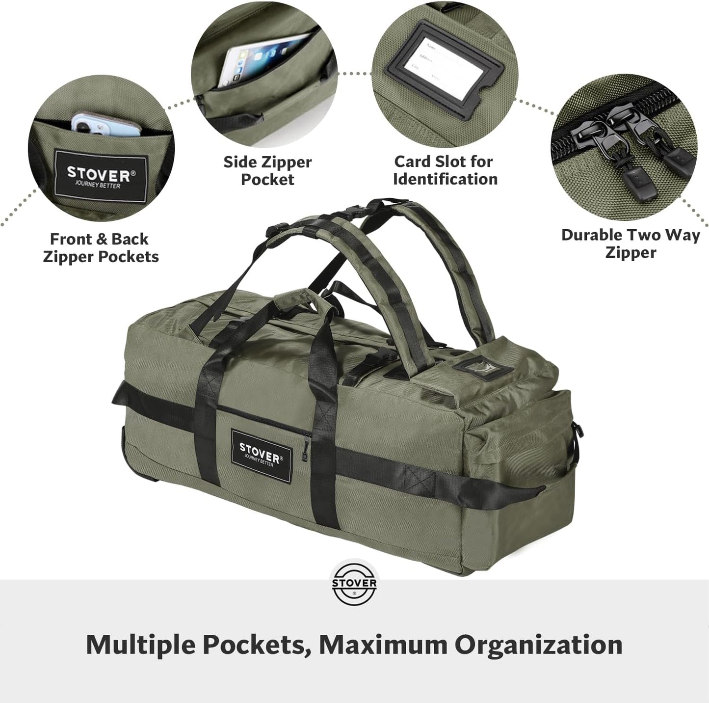 STOVER 80L Rolling Duffel Bag with Wheels, Large 31 Inch Durable Travel Duffle + Toiletry Bag, Heavy Duty, Packable, Foldable w/Shoulder Straps- Use as Luggage or Backpack, Men/Women (Green)