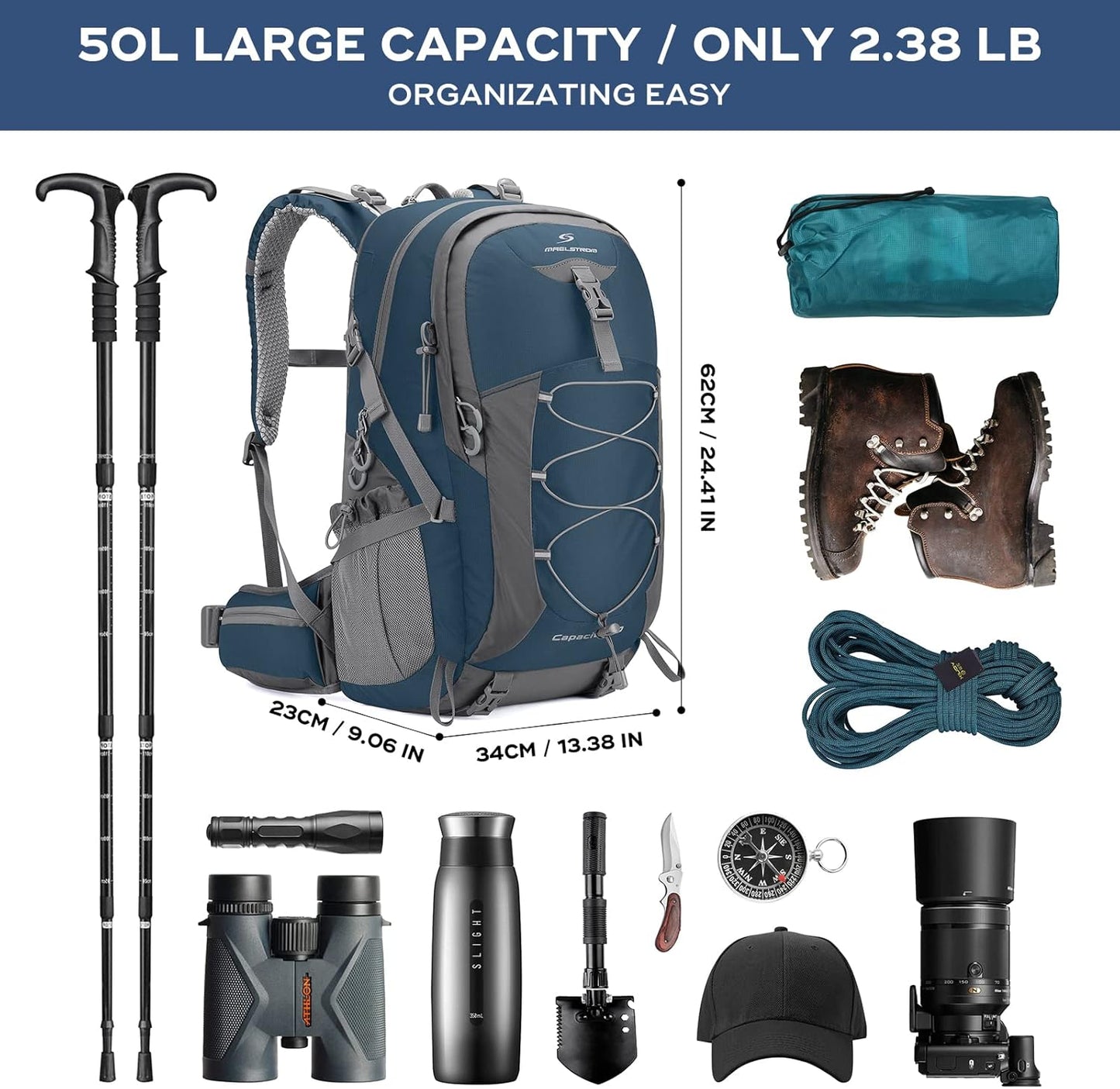 Maelstrom Hiking Backpack,Camping Backpack,50L Waterproof Hiking Daypack with Rain Cover,Lightweight Travel Backpack,Blue