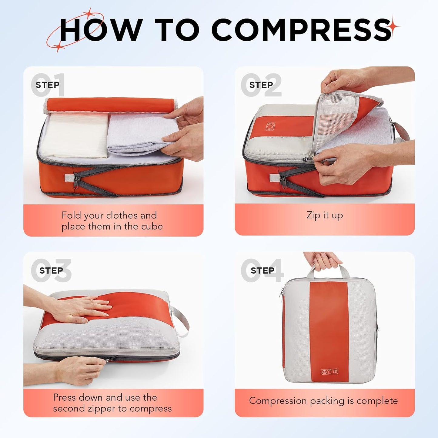 10 Set Compression Packing Cubes for Travel Essentials,Compressible Expandable Packing Cubes for Suitcase,OlarHike Luggage Organizer Bags for Travel,Handy Helper for Organizing Clothes(Orange)