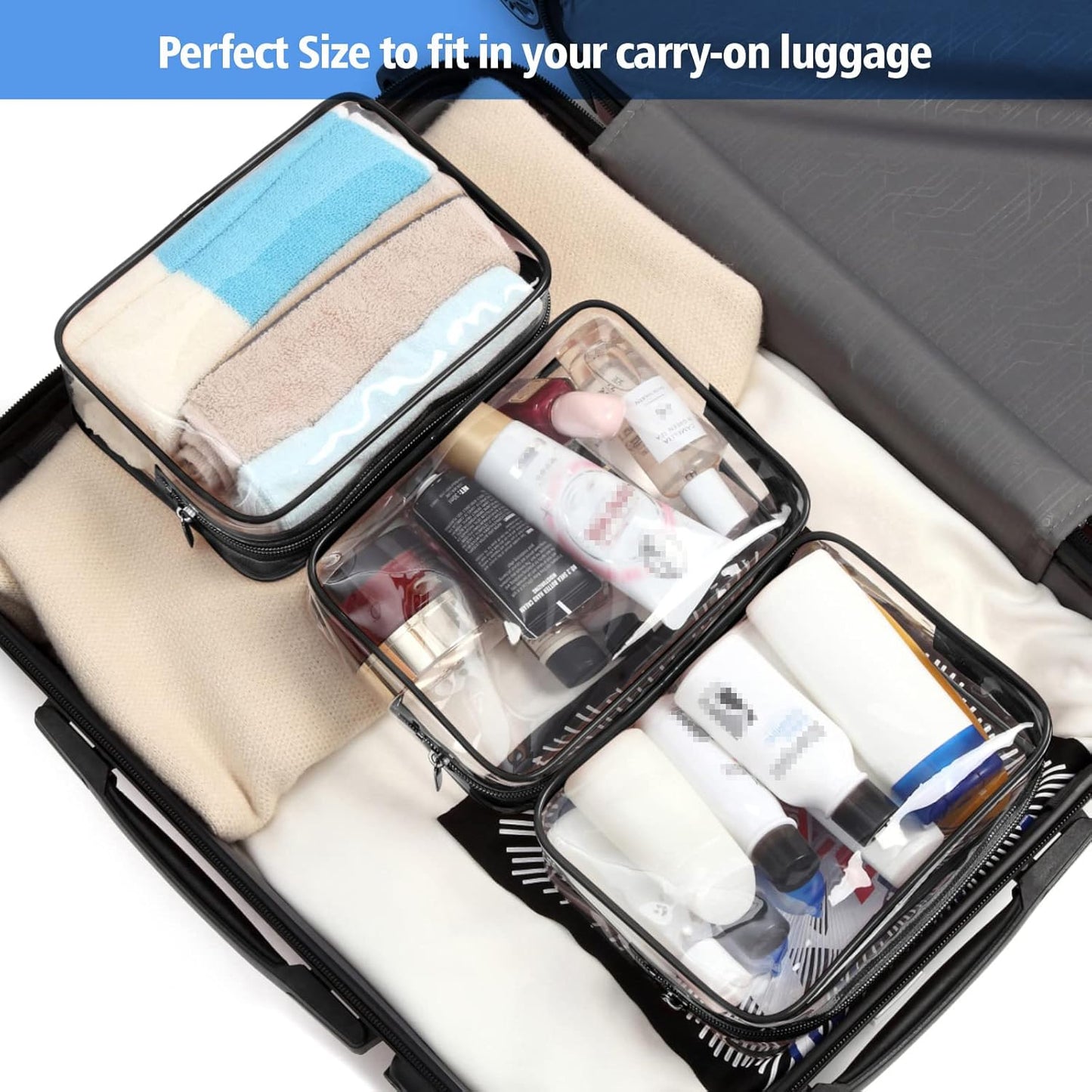 PACKISM Clear Makeup Bags, 4 Pack Quart Size Travel Bag TSA ApprovedTravel for Toiletries, Cosmetic Bags Carry on Clear Toiletry TSA Approved Toiletry, Black