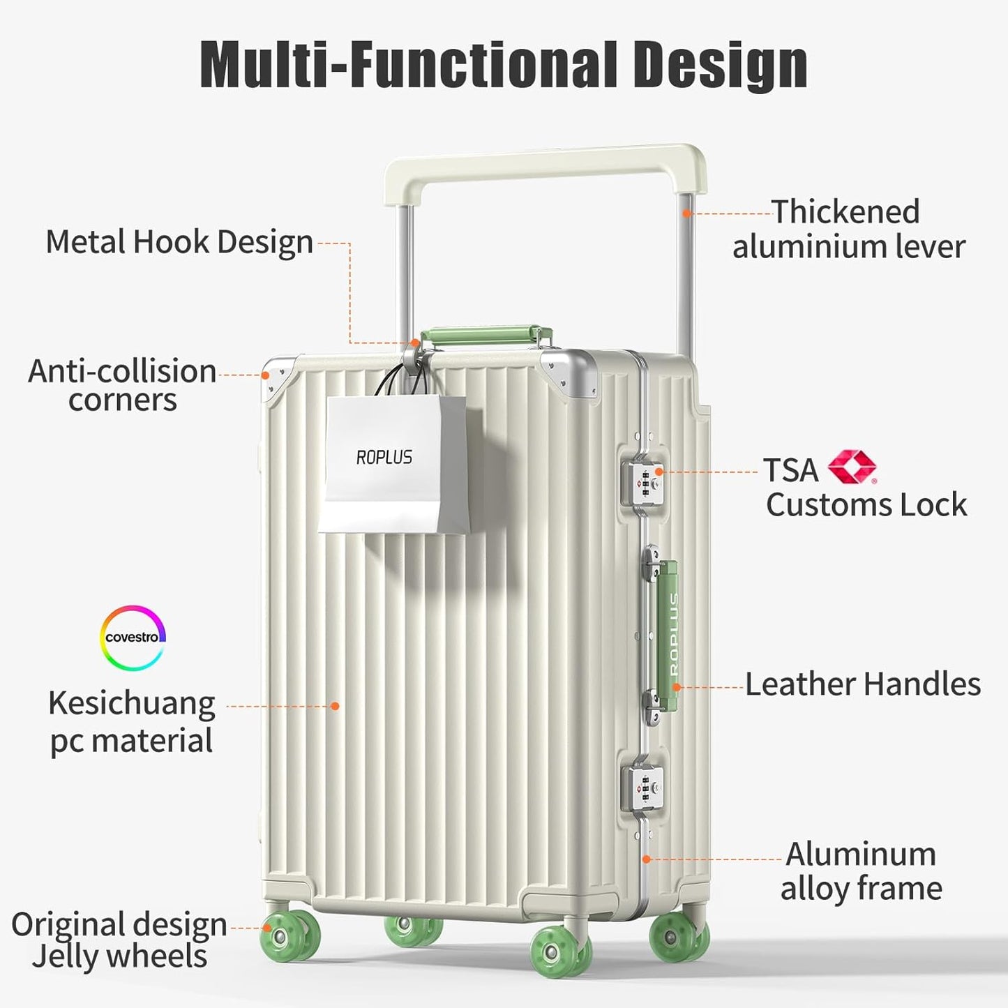 Aluminium Frame Carry on Luggage with Smooth Jelly Wheels, Hardside Zipperless Rolling Suitcase with TSA Lock (WhiteGreen, 21-Inch)