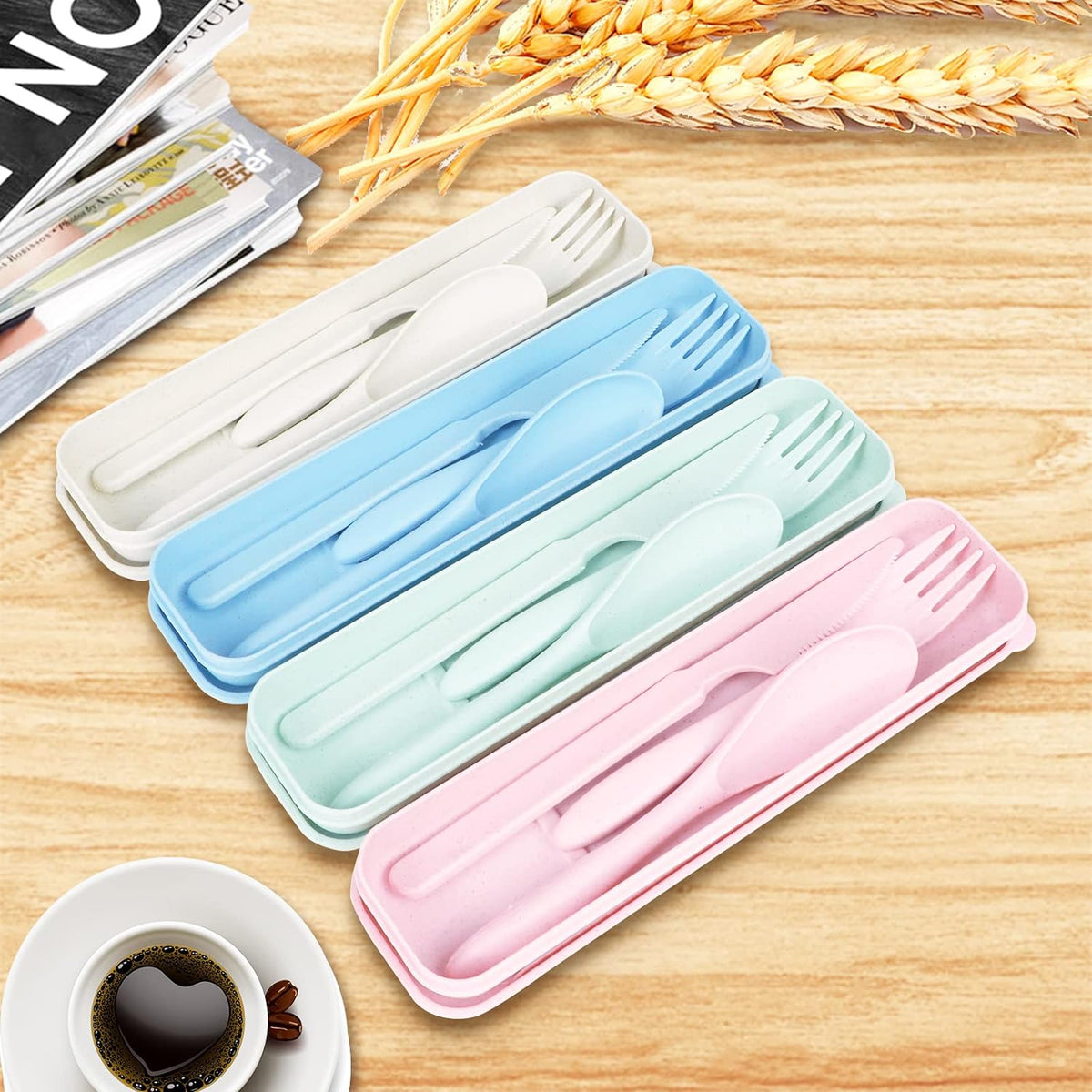 Reusable Travel Utensils Set with Case, Beige Wheat Straw Portable Knife Fork Spoons Tableware, Eco-Friendly BPA Free Cutlery for Kids and Adults as Travel Picnic Camping Utensils