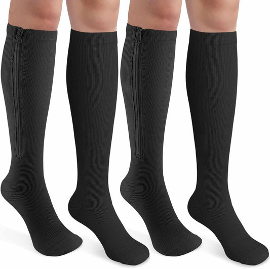 CASMON 2 Pairs Zipper Compression Socks for Women & Men, 15-20 mmHg Closed Toe Knee High Support Sock with Zipper for Varicose Vein Edema