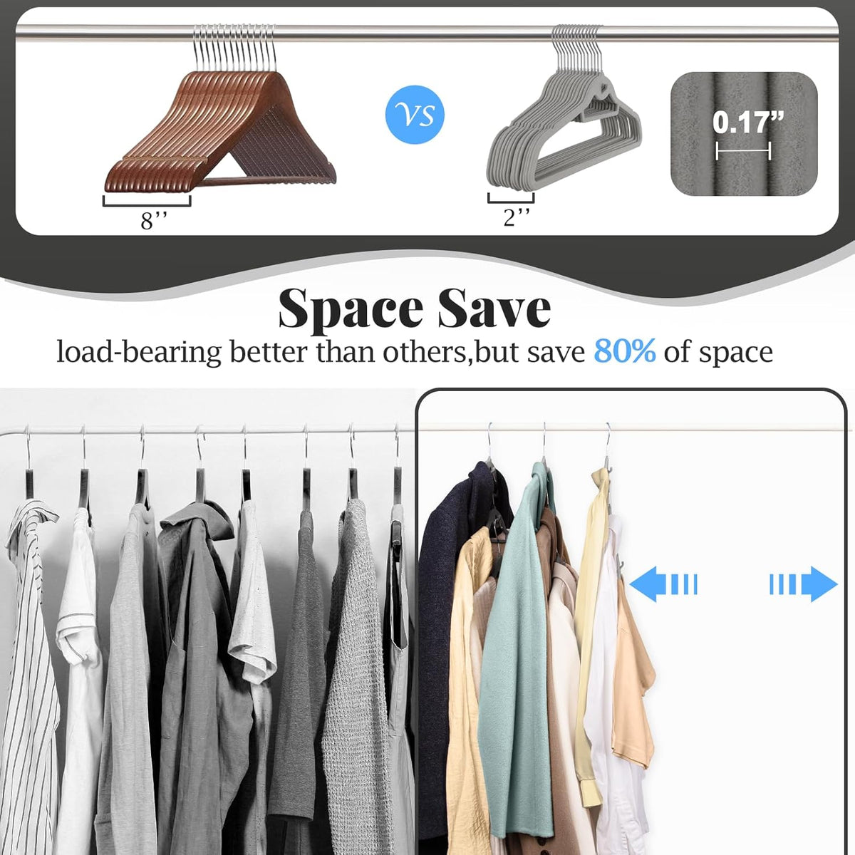 Velvet Felt Stackable Hangers 50 Pack, Non Slip, with 360° Swivel Hook, Ultra Thin and Space Saving for Suits, Shirts, Coats, 15Lbs Capacity Heavy Duty, Gray