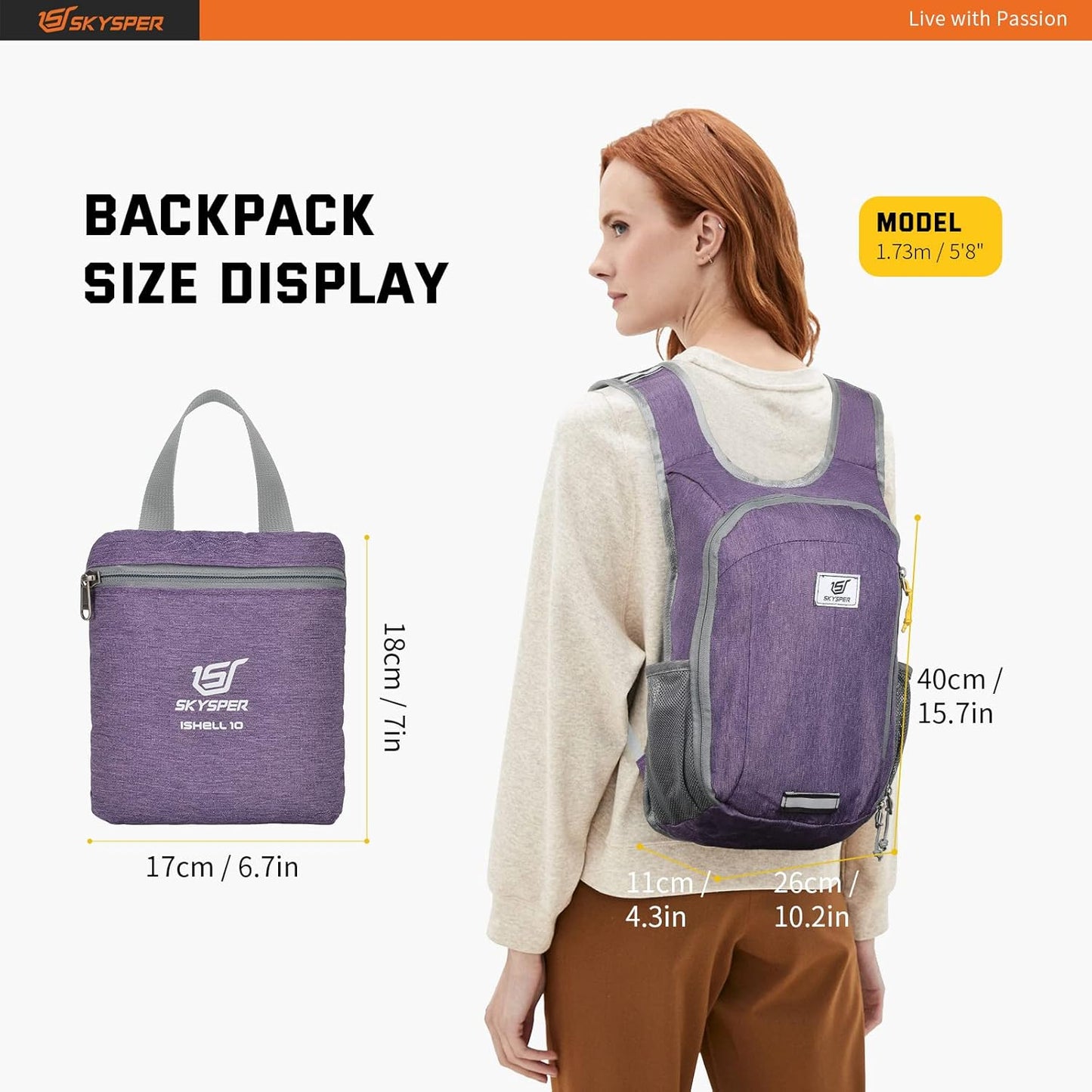 SKYSPER Small Daypack 10L Hiking Backpack Packable Lightweight Travel Day Pack for Women Men