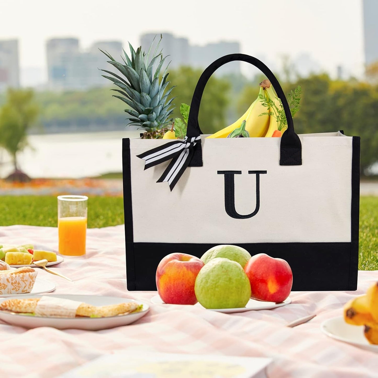 TOPDesign Embroidery Initial Canvas Tote Bag, Personalized Present Bag, Suitable for Wedding, Birthday, Beach, Holiday, is a Great Gift for Women, Mom, Teachers, Friends, Bridesmaids (Letter U)