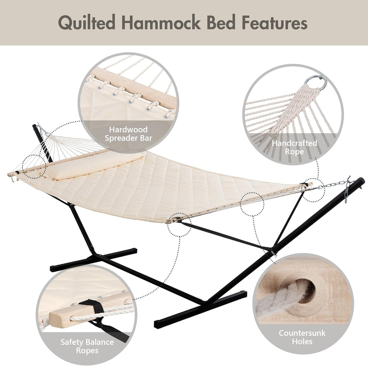ANOW Outdoor Hammock with 12 Feet Heavy Duty Steel Stand, Two Person Hammock with Stand Included, 450 LBS Weight Capacity, Cream