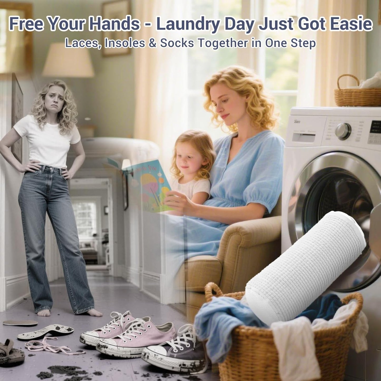 Shoe Washing Machine Bag with 2 Pockets - Wash Laces, Insoles & Socks All-in-One Shoe Laundry Bag for Washer & Dryer, Reusable Sneaker Cleaner Bag for Home Dorm Travel (2Pcs White)