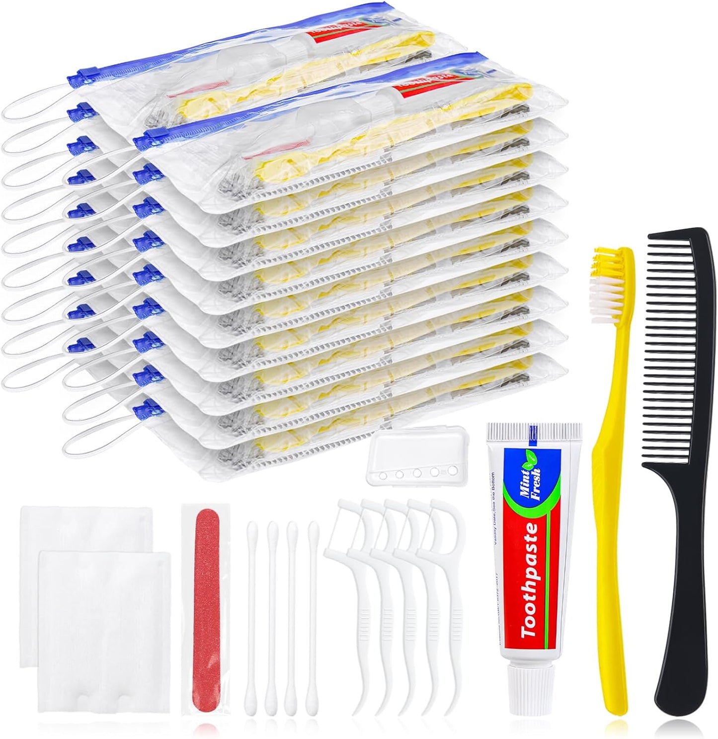 Personal Hygiene Kit Bulk Pack of 30,Yellow Disposable Toothbrushes with Toothpaste Floss Comb Cover and Hotel Vanity Set Basic Travel Toiletry Kit Supplies for Homeless,Charity,Guests