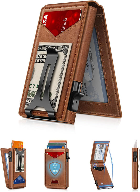 Wallet for Men RFID Wallet with Money Clip, Slim Pop Up Card Holder for 10-12 Cards, Minimalist Smart Credit Card Case with ID Window, Bifold Metal Wallet for Front Pocket, Gifts for Men