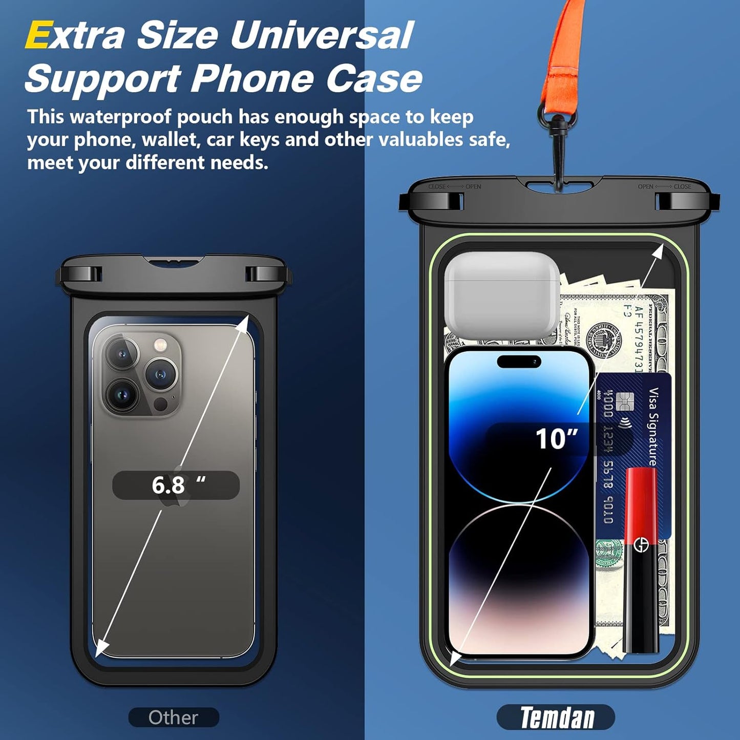 Temdan 2 Pcs Floating Waterproof Phone Pouch,[Up to 10" Large] Universal IPX8 Waterproof Cell Phone Dry Bag with Lanyard for iPhone 16 Pro Max/16E/15/14/13/12/11,Galaxy S25 Ultra/S24/S23 for Vacation