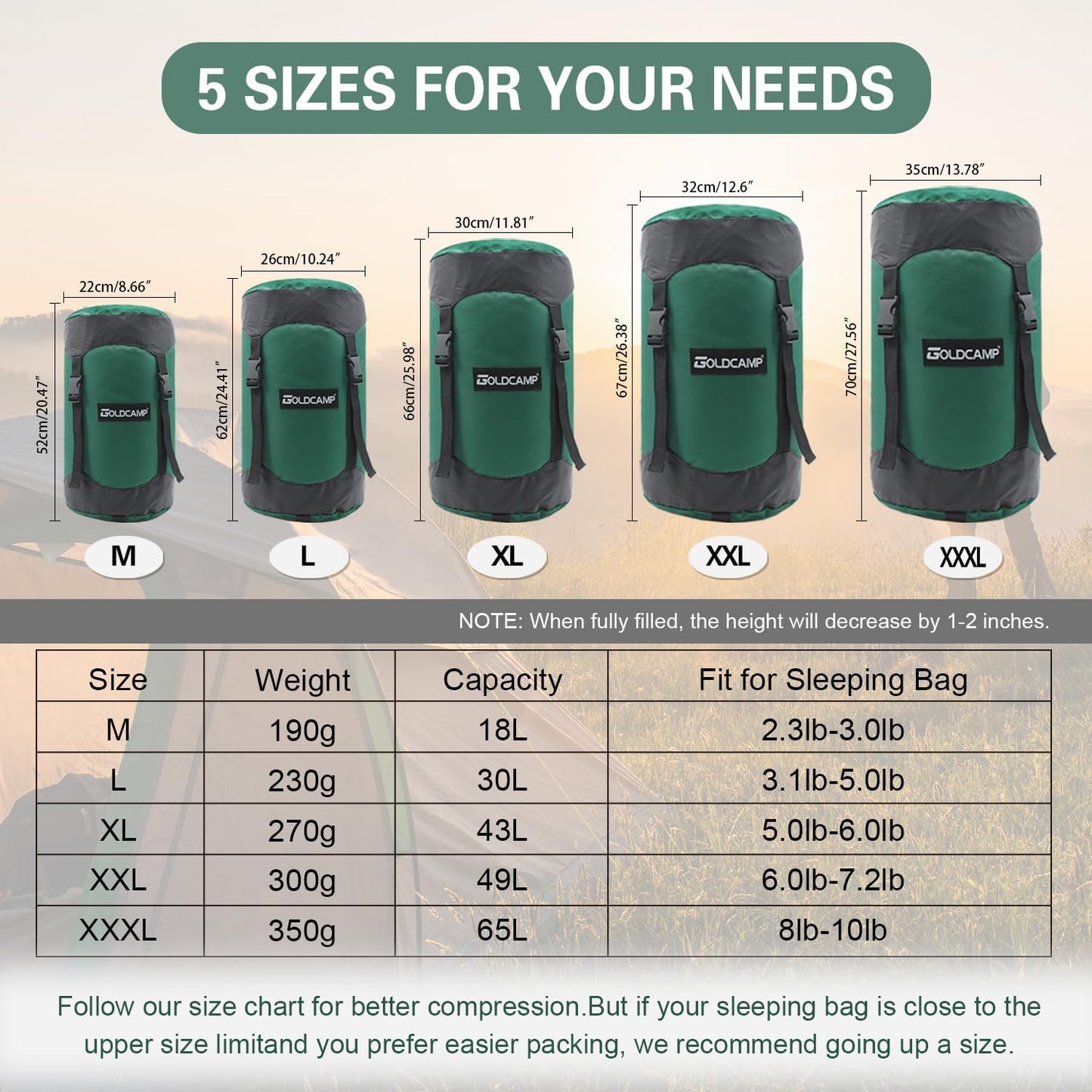 GOLDCAMP Compression Sack, 40% More Storage! 18L/30L/43L/49L/65L Compression Stuff Sack, Waterproof & Ultralight Sleeping Bag Stuff Sack - Space Saving Gear for Camping, Hiking (Green, L)