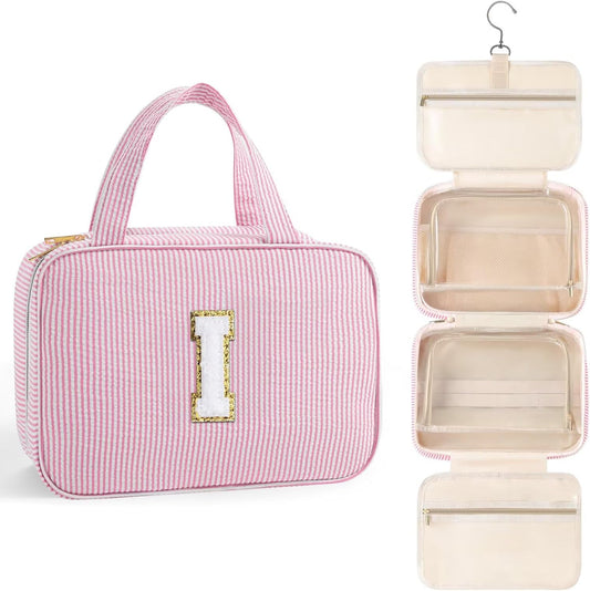 TOPEAST Travel Toiletry Bag for Women - Hanging Toiletry Bag Initial Makeup Bag, Portable Toiletries Cosmetic Bag, Airplane Travel Essentials - Letter I, Pink
