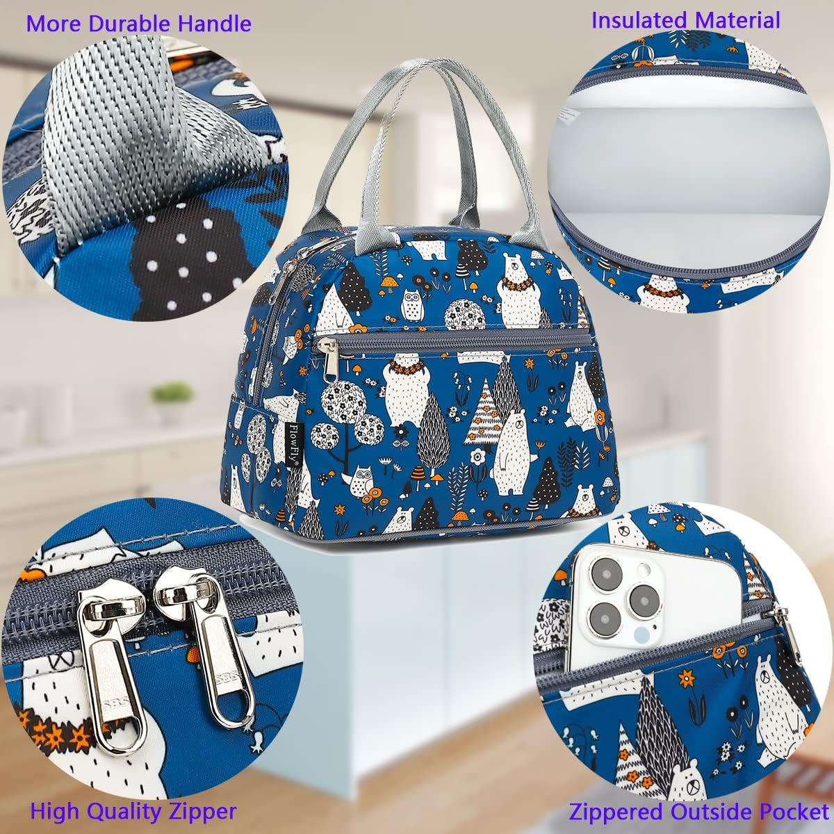 FlowFly Insulated Lunch Cooler Bag - Tote Bag Organizer for Women/Men, Owl