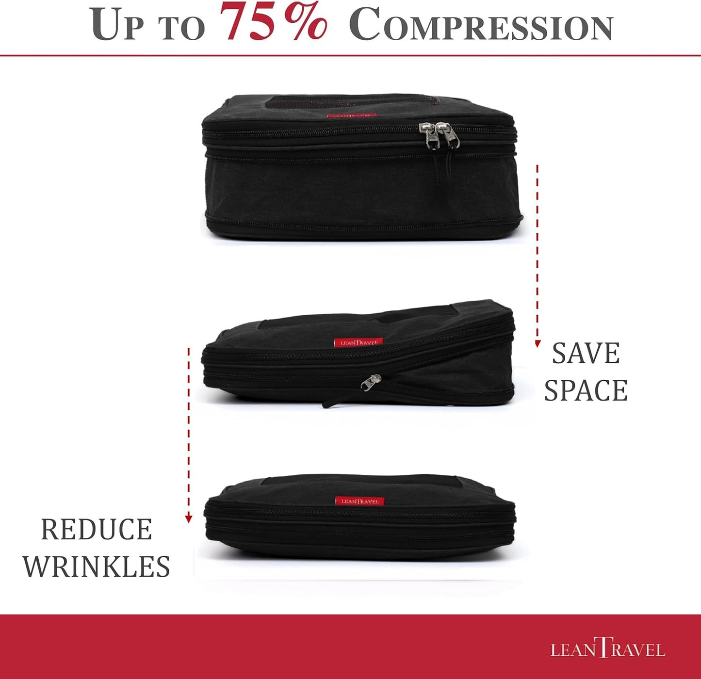 LeanTravel Compression Packing Cubes for Travel Organizers with Double Zipper (3-Pack (2L+1M), Black)