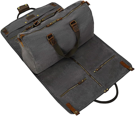 2 in 1 Canvas Leather Suit Luggage Garment Bag with Shoulder Strap for Travel and Business Trips (Grey)