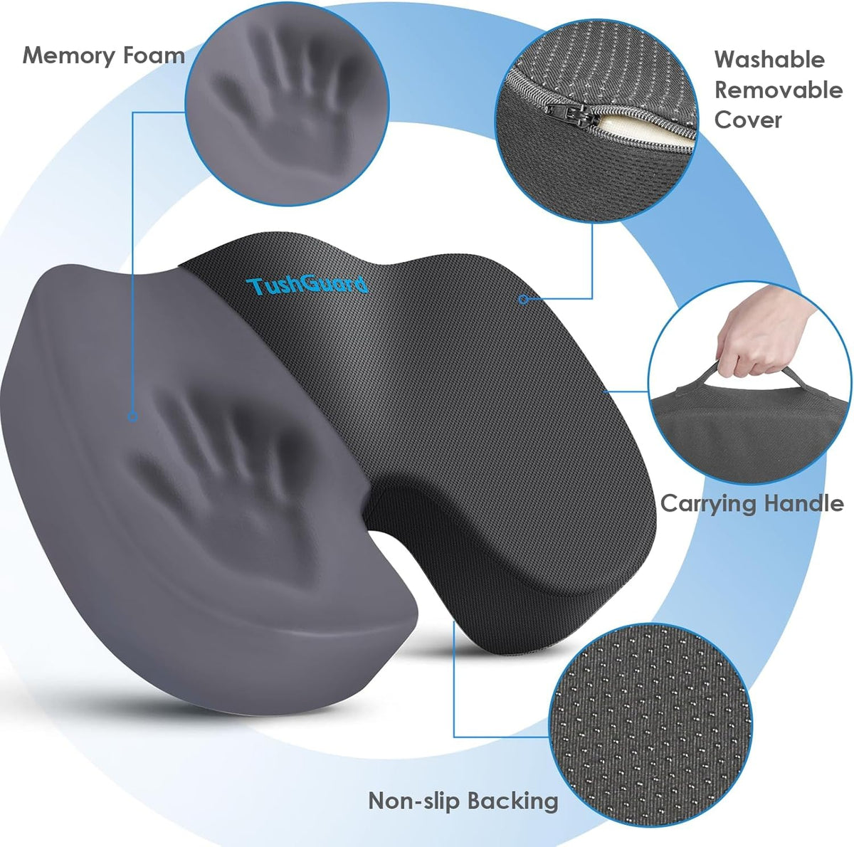 TushGuard Seat Cushion for Office Chair Memory Foam Non-Slip Cushion Back, Coccyx, Sciatica, Tailbone Pain Relief Butt Pillow for Office Chair, Car, Wheelchair, Grey, XX-Large