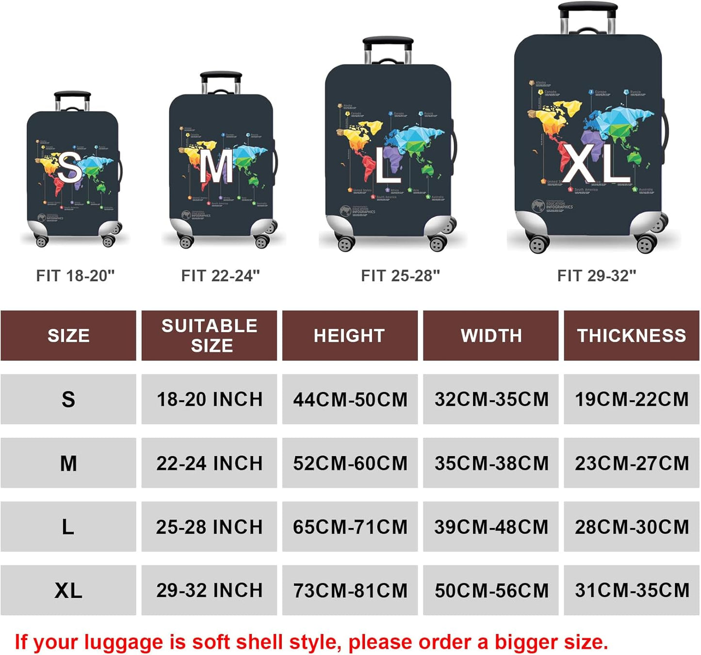 WUJIAONIAO Travel Luggage Cover Baggage Suitcase Cover Protector Skins 18-32 Inch (map, M (for 22-24 inch luggage))