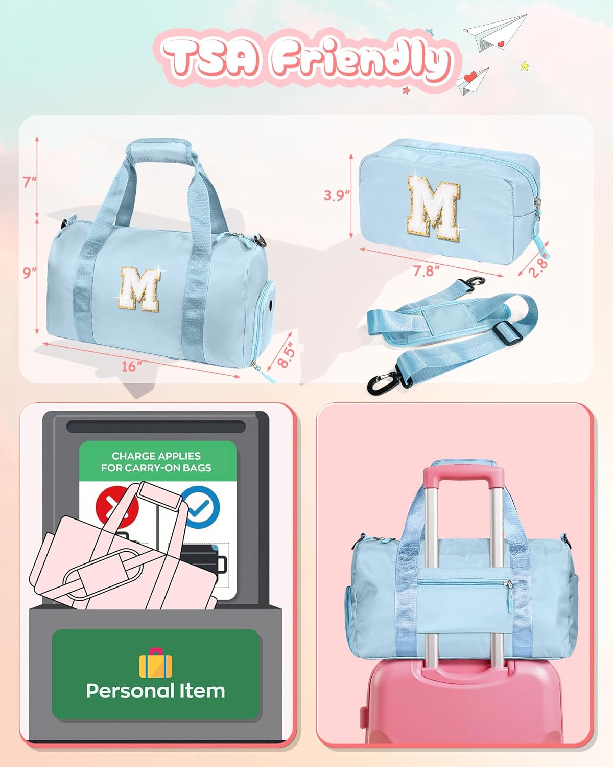Presents For Girls-Girl Gym Bag with Shoe Compartment, Kid Personalized Weekender Overnight Bags, Travel Tote with Makeup Pouch, Gift for 3 4 5 6 7 8 9 10 11 12 Year Old Girls (Letter S)