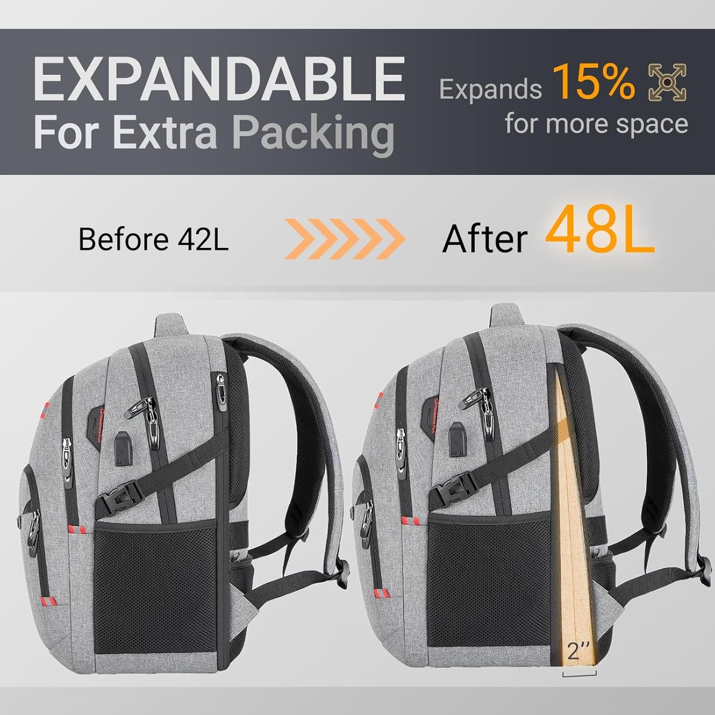 48L Expandable Laptop Backpack, Anti-thief Travel Backpack with USB Charging Port, Airline Approved Business Waterproof Carry on Luggage, Fits 17.3" Laptop for Men Women