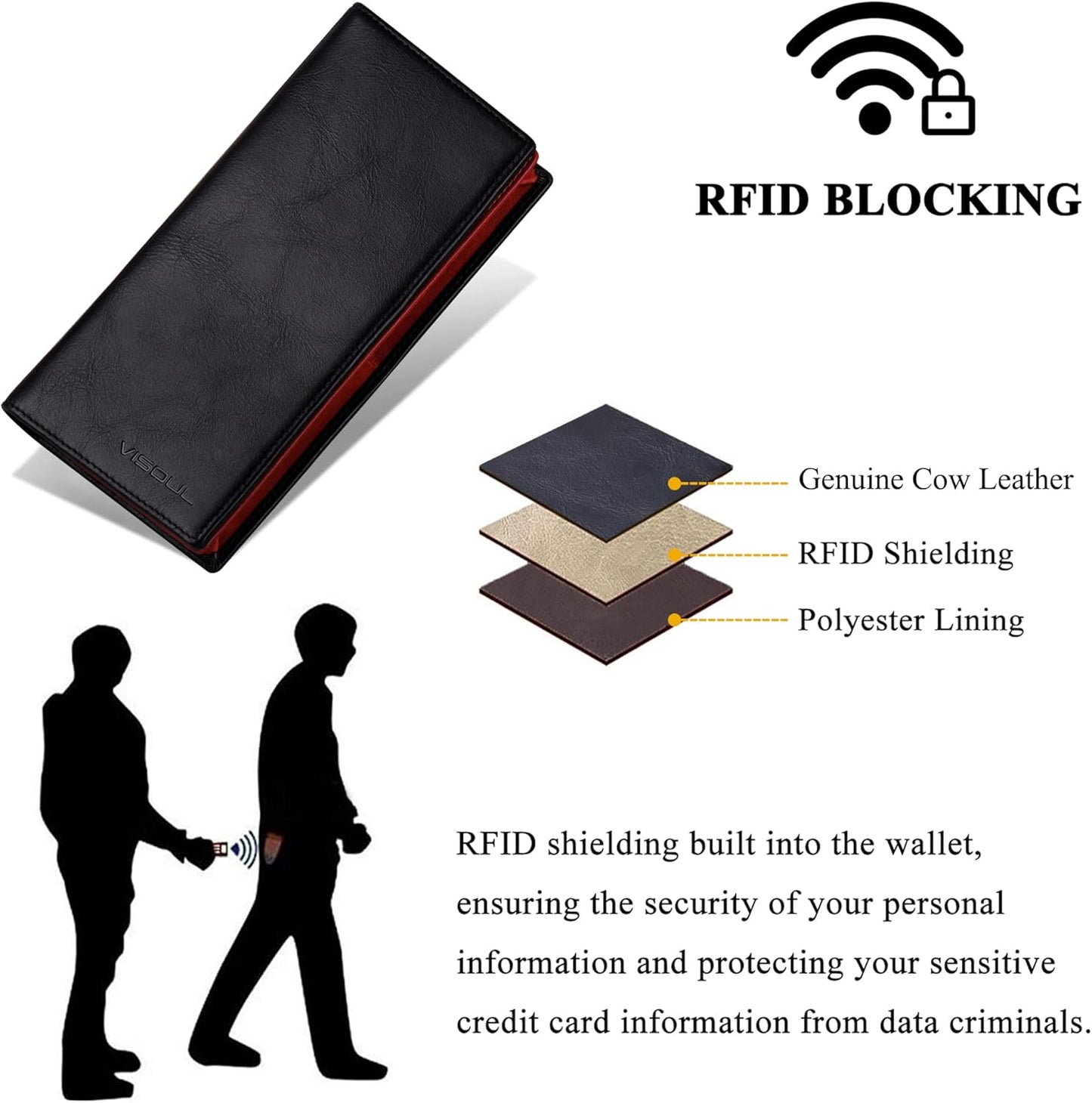 VISOUL Mens Leather Long Bifold Checkbook Wallets with RFID Blocking, Contrast Colors Breast Pocket Tall Billfold Secretary Wallet for Men with Card Slots (Black and Burgundy)